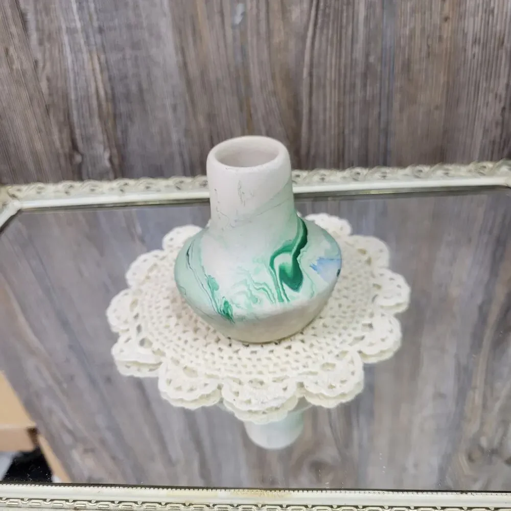 Vintage Nemadji Pottery Vase Blue Green Swirl Art Ceramic Native American